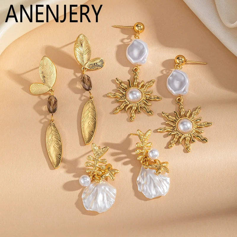 ANENJERY 316L Edelstahl Blatt-Muschel-Imitat-Perlen Ohrstecker für Damen Eleganter Luxus Nischen-Schmuck Einfaches Geschenk