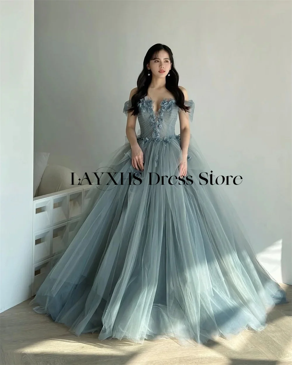 Eleganti abiti da sera principessa verde acqua Corea Una linea con spalle scoperte Matrimonio floreale Servizio fotografico Abito da festa Abito da sposa personalizzato