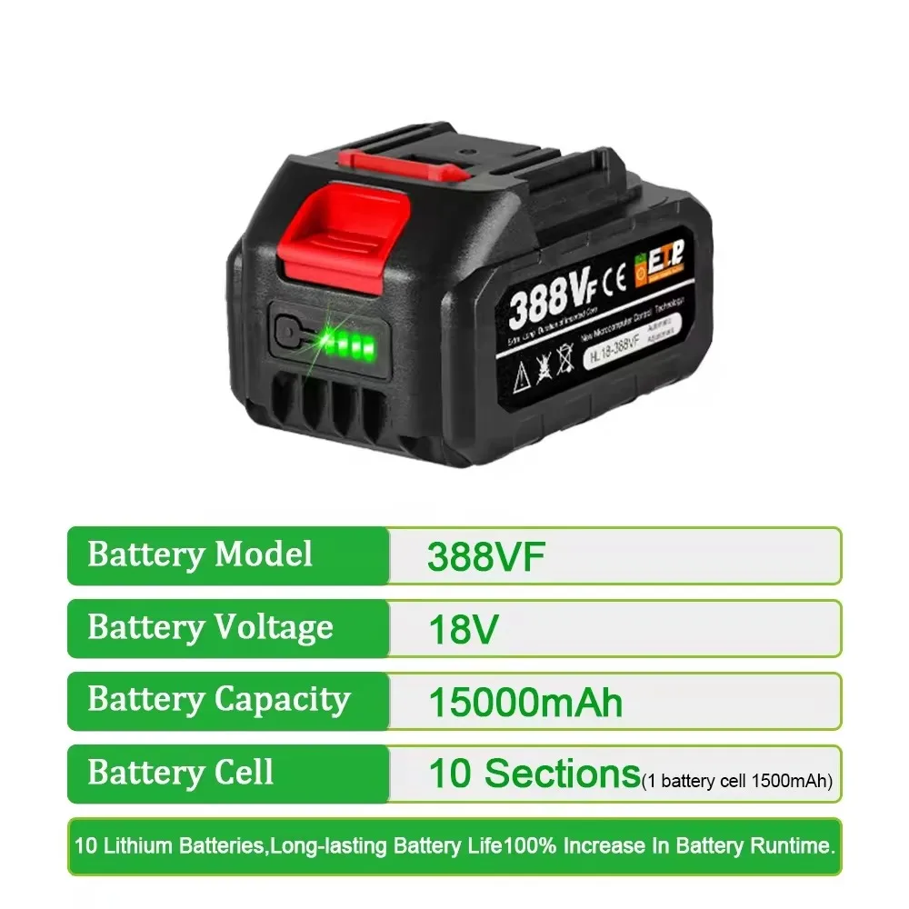 Imagem -03 - Bateria Li-ion Recarregável para Brushless Chave Elétrica Broca Rebarbadora Elétrica Saw Power Tool 15000mah 388vf 18v