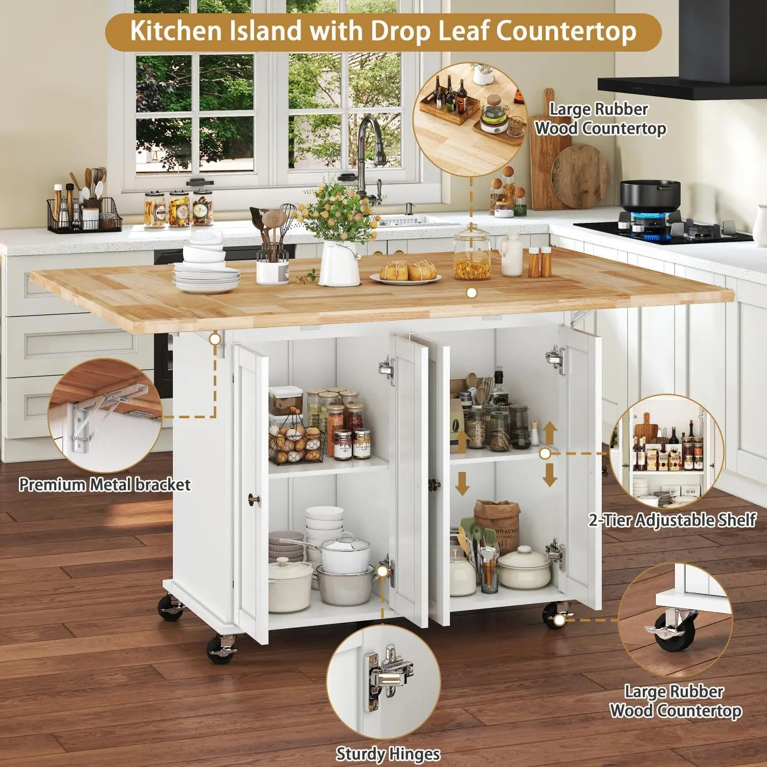 Mobile Kitchen Island Cart With Double Drop Leaf Folding Kitchen Trolley Storage Cabinet Wooden Dining Room Accent Organizer Cupboard Utility Prep Serving Table Wood Finished