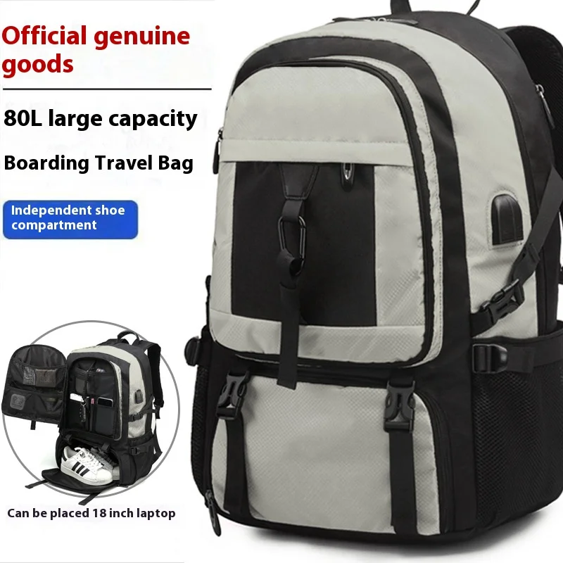 50L 80L Large Travel Backpack for Men, Waterproof Outdoor Sports Bag with Separate Shoe Compartment, Stylish Black Storage Backp