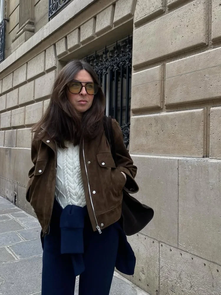 

Deep Brown Suede Lapel Jacket Fashion Full Sleeve Zipper Pocket Loose Short Coats 2025 New Autumn Office Daily Commute Outwear