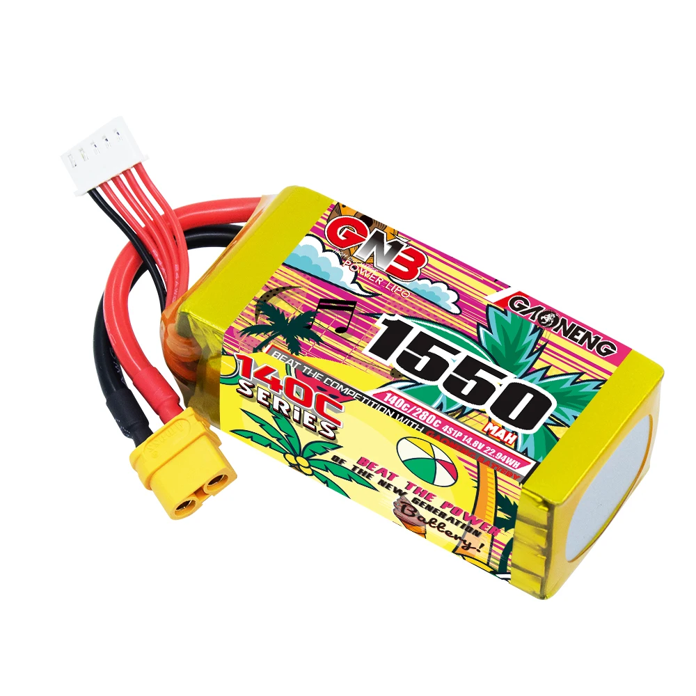 Batería de litio GAONENG GNB 4S 14,8 V 1550 mAh 140C con conector XT60, adecuada para drones FPV y cuadricópteros.