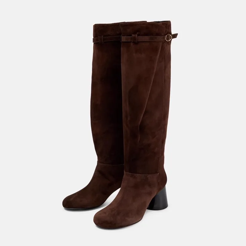 

Сапоги на массивном каблуке с металлической пряжкой и круглым носком, коричневые замшевые сапоги до колена, длинные ботинки без шнуровки, женская обувь Knight Botas Femininas, Chaussure