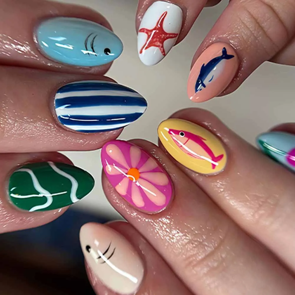 24pcs Ocean Fish Pattern Full Cover Nail Art Summer Press on False Nails Sweet Colorful Stripes Design Fake Nail 3D Flower