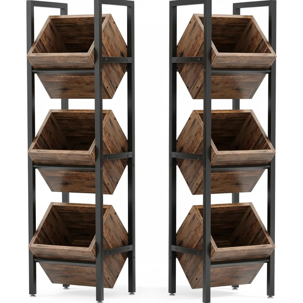 

3-Tier Wooden Basket Stand, Rustic Storage Rack Organizer for Kitchen Bathroom Living Room Home