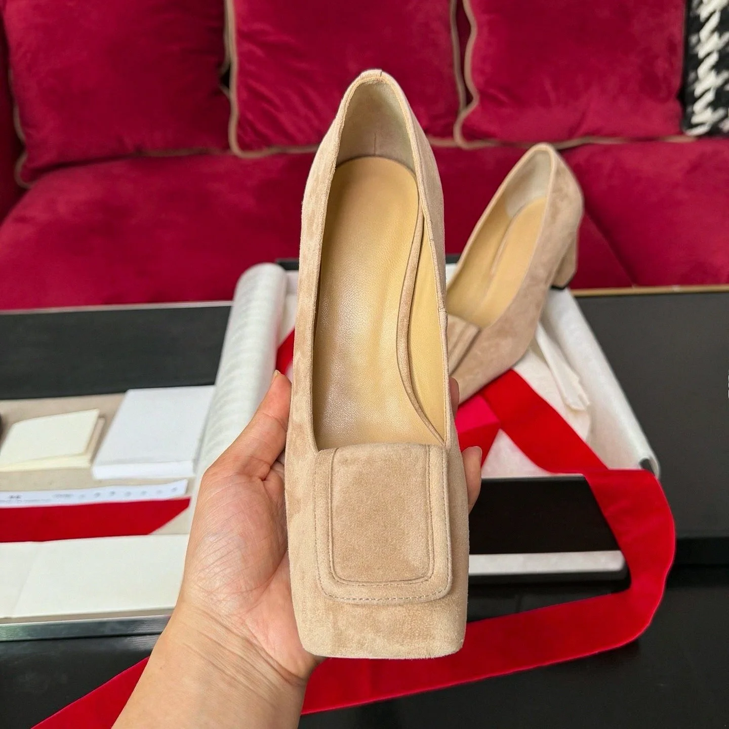 Women Square Toe Pumps Beige Suede Square Buckle Block Heel Shoes Slip‑on Faux Suede High Heels Office Work Dress Pumps For Ladie