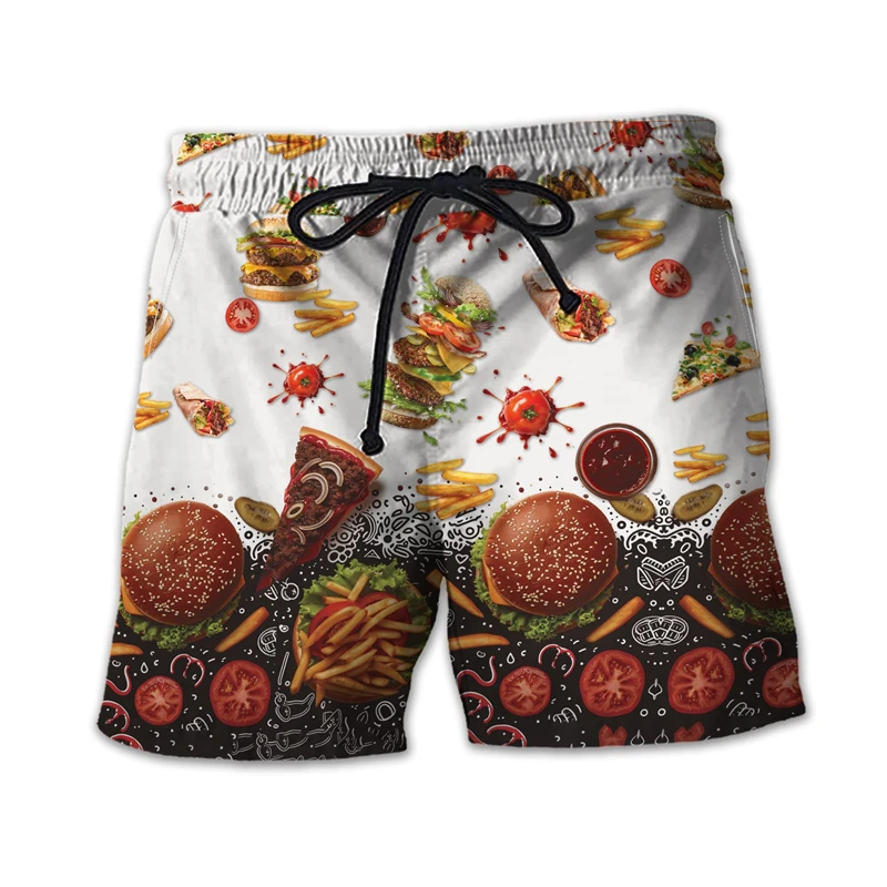 Fast Food Graphic Short Pants For Men Clothes Hawaii Burger Fries Beach Shorts Hamburger Trunks Fried Chicken Sandwich Bermudas