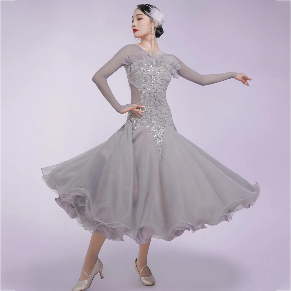 

Платье для бальных танцев с пайетками, серое, с V-образным вырезом, для вальса, стандартное, для современных танцев, розовое