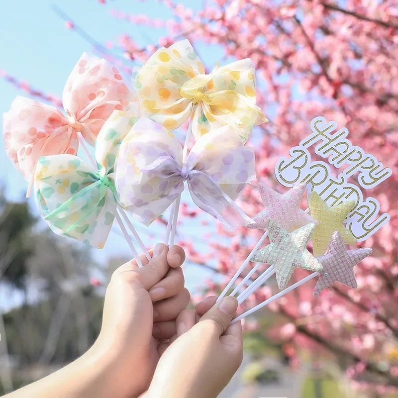 

Golden Happy Birthday Cake Topper Pink Star Cake Decoration Girl Baby Party Purple Green Yellow Wave Point Bowknot Cupcake Decor