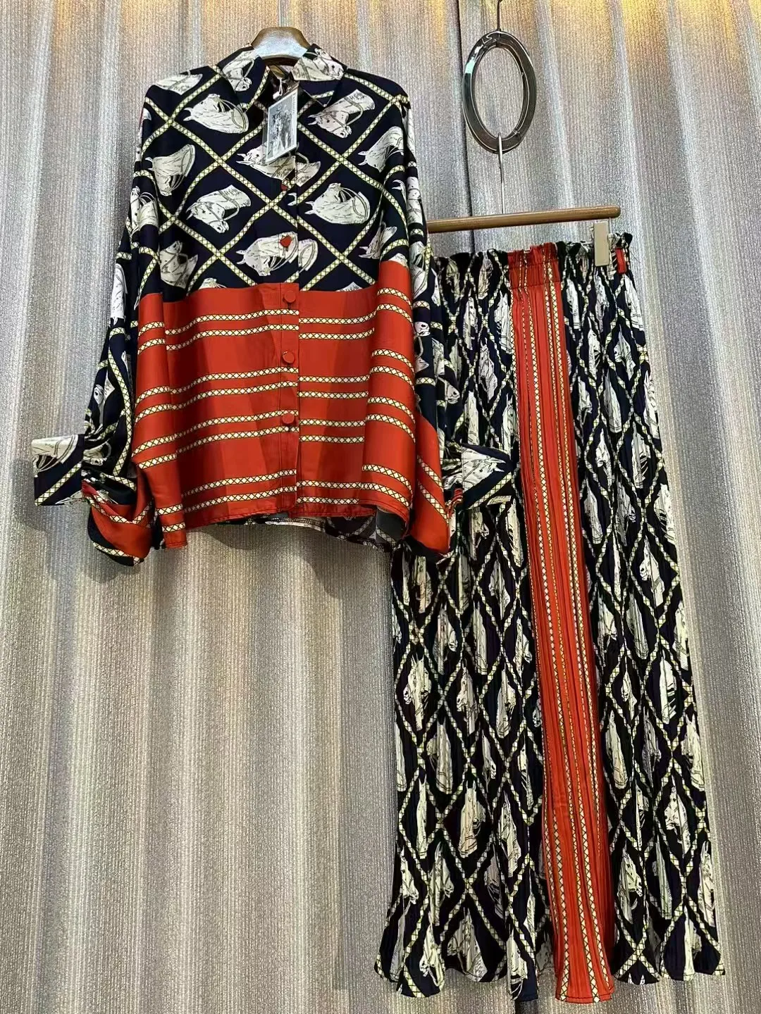 Clearance!!! Vintage Print Two Pieces Suits Lapel Long Sleeve Shirt Top Wide Leg Casual Long Pant 2024 Female Fashion Pants Sets