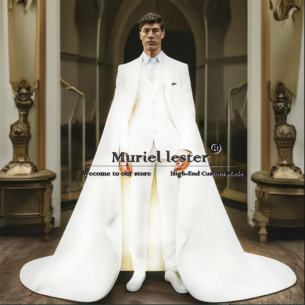 Unique Design White Suit Men Jacket With Outwear Cape Pants 3 Pieces Groom Tuxedo Bespoke Male Prom Blazer Bridegroom Clothing