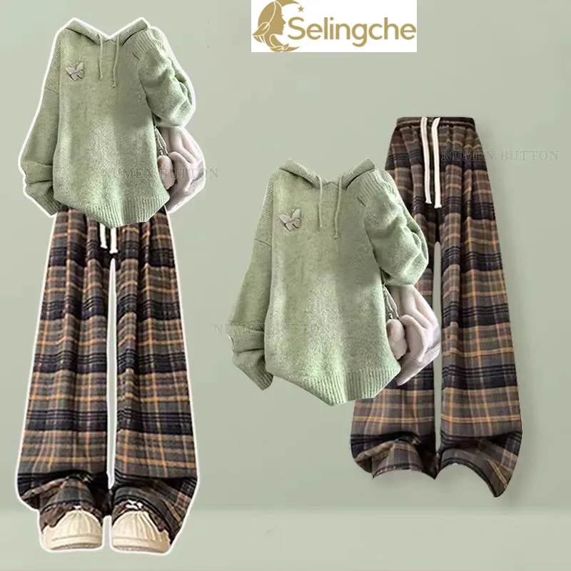 

Spring and Autumn Korean Style Women's Age Reducing Hooded Knitted Sweater+retro Slimming Plaid Casual Pants Two-piece Set