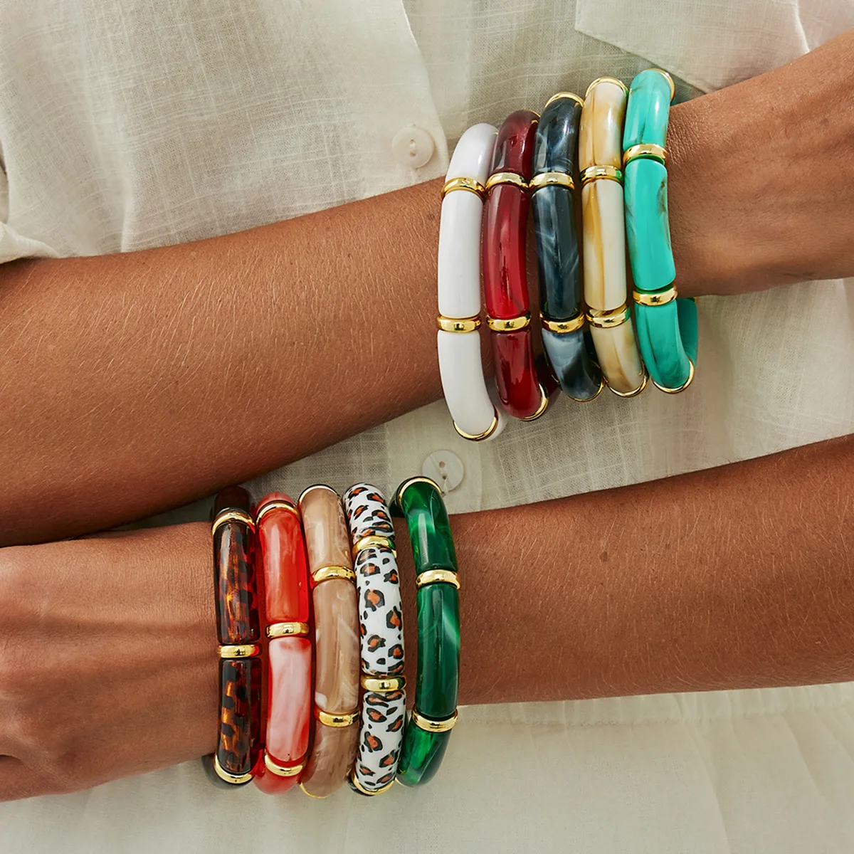 Bohemia Tube Acrylic Bamboo Beads Elastic Bracelet for Women Multicolor Stretchy Resin Girls Charm Couple Bangle Men Jewelry