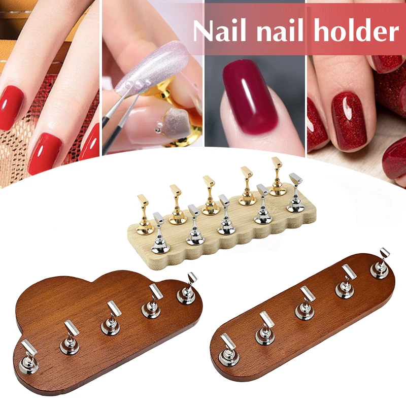 Magnetic Nail Holder False Nail Tip Practice Stand Wooden Base Holder Nail Art Showing Display For Art Salon DIY Practice