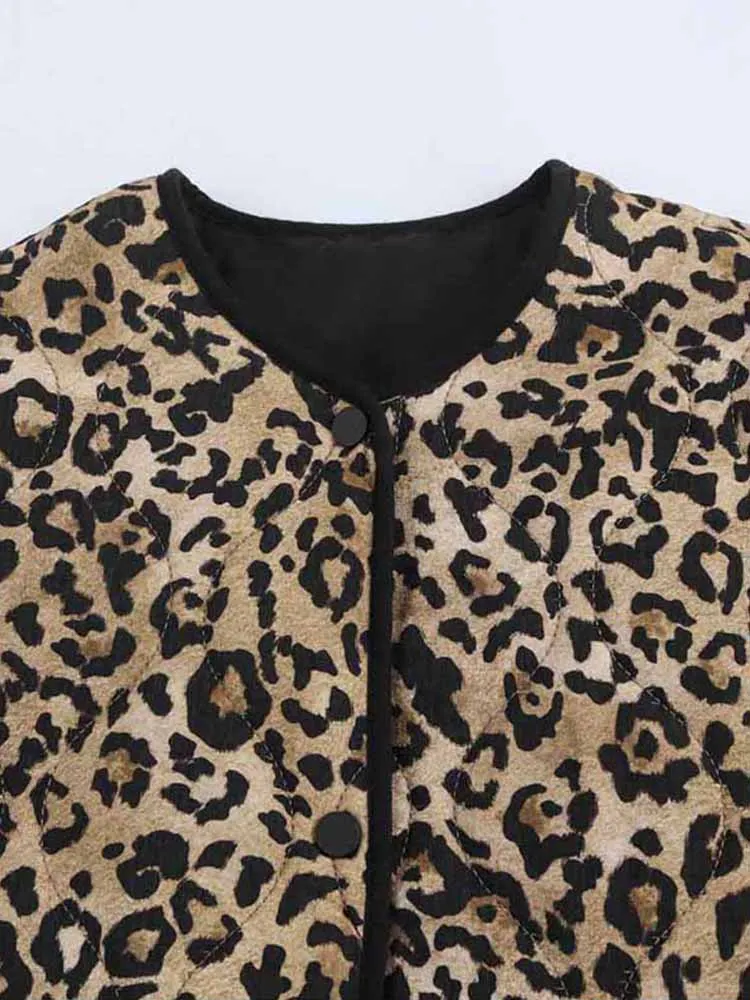 Vintage Leopard Cotton Coat Women Loose O-neck Long Sleeve Single Breasted Pockets Jacket 2024 Autumn New Lady Casual Outwear