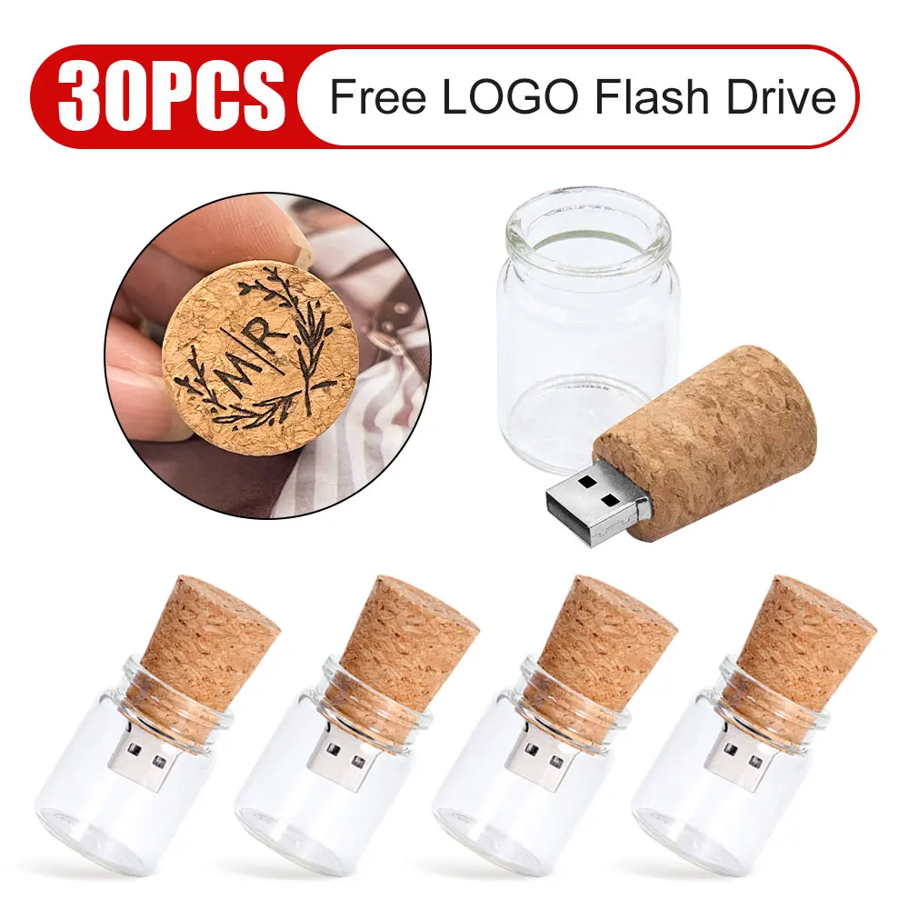 Bouteille en verre avec bouchon USB 2.0, clé USB, clé USB, 4 Go, 8 Go, 16 Go, 32 Go, 64 Go, cadeau de mariage, lot de 30 pièces