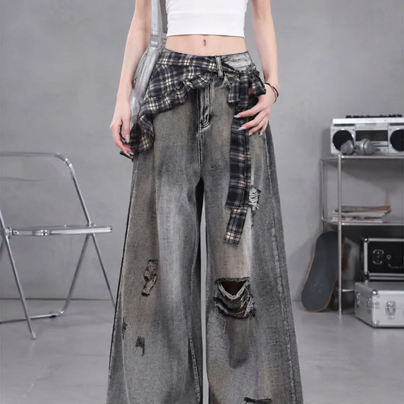 Women Baggy Jeans Y2K Wide Leg Denim Pants Distressed Washed Black Gray Low Waist Plaid Patchwork Streetwear Summer Trousers