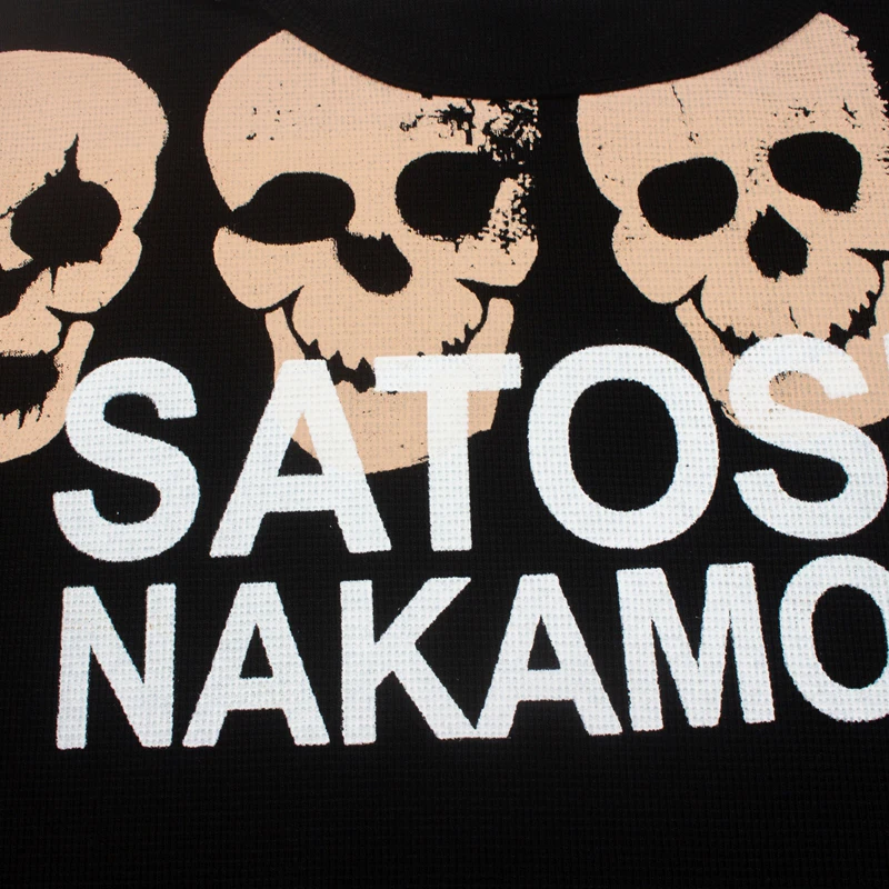 European American Hip-hop Street Retro Washed Do Old Offset Print Flame Skull Print Casual Long Sleeved Satoshi Nakamoto T-shirt