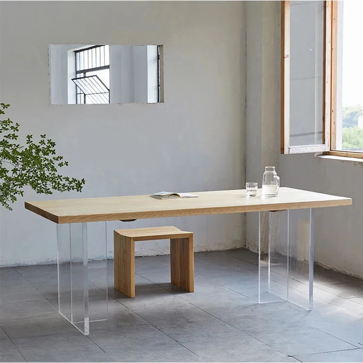 Simple acrylic dining table, solid wood large board table, creative suspended
