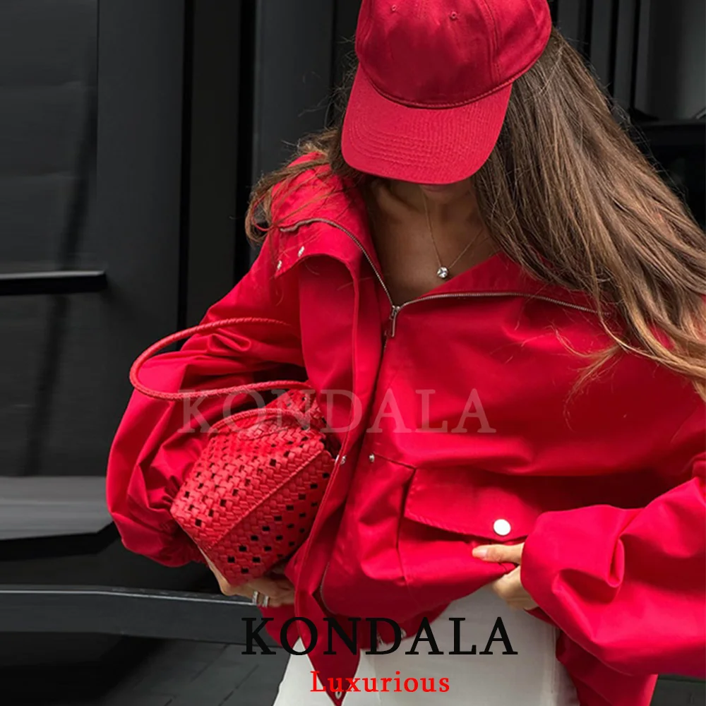 KONDALA High Street Casual Chic Women Trench Jacket Hooded Zipper Pockets Long Sleeve Loose Coat Fashion 2026 Autumn Winter Coat