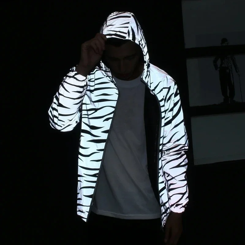 Men\'s Leopard Zebra Reflective Night Shining Hooded Windbreaker Jacket Streetwear Hip Hop Harajuku Waterproof Hoodie Coats Male