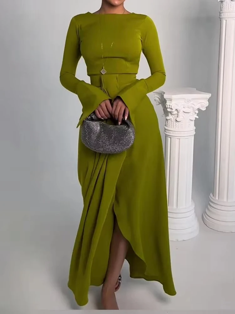 Women Vintage Elegant Green Party Evening Dresses 2024 New Spring Long Sleeves Split-Front Casual Office Pleated Dress