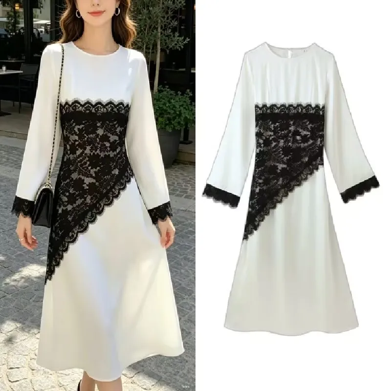 Elegantes Damenkleid mit Spitzen-Patchwork, Gürtel, O-Ausschnitt, langen Ärmeln, Sommerkleid für Büro und Pendeln, 2026, schickes Damenkleid