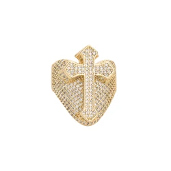 VCT Men's Large Size Hip Hop Cross Ring Inlaid Cubic Zirconia Brass Plated 14k Gold Support Wholesale