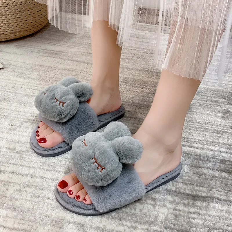 Cute Cartoon Rabbit Women Slippers Winter Warm Fluffy Slippers Little Girl Soft Bottom Plush Slides Indoor Home Cotton Shoes