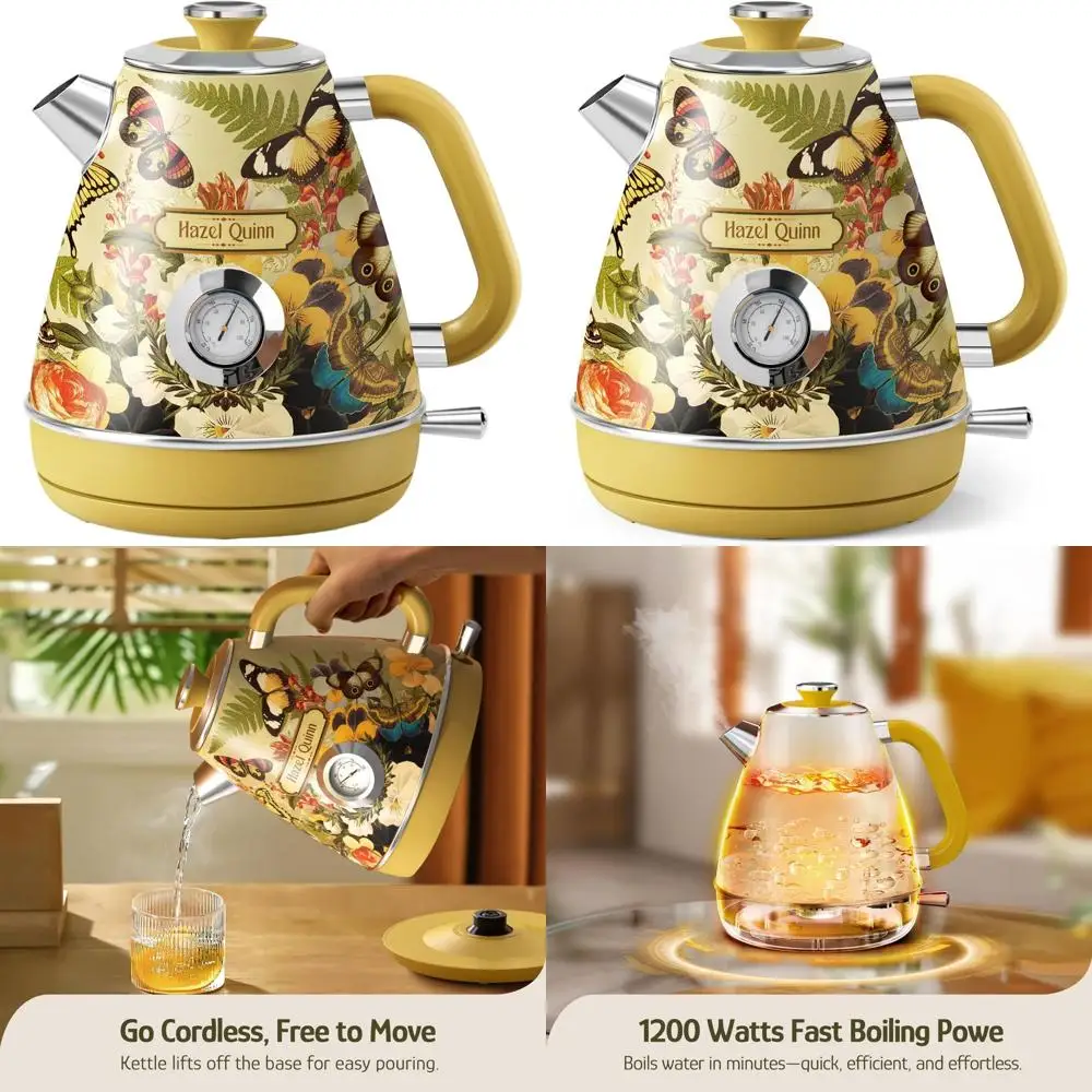 

Retro Floral Electric Kettle: 1.7L, 1200W Fast Boil, Stainless Steel, Auto-Off, Cordless with Thermometer