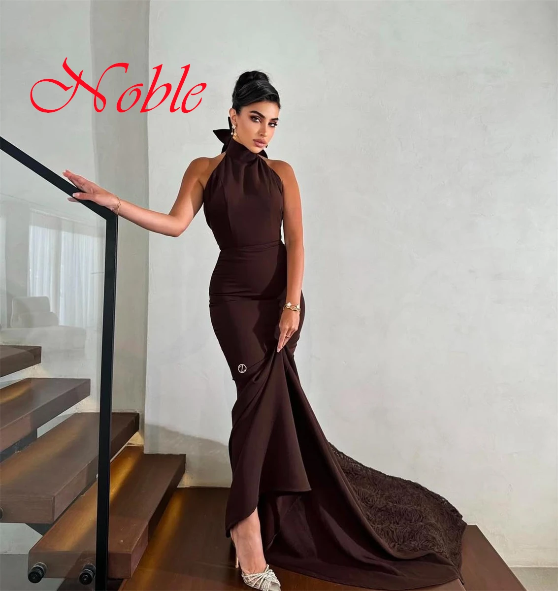 

Customized Classic audurn Jersey Evening Dress Delicate High Neckline Sleeveless Open Back Bow Buttons Mermaid Homecoming Dress
