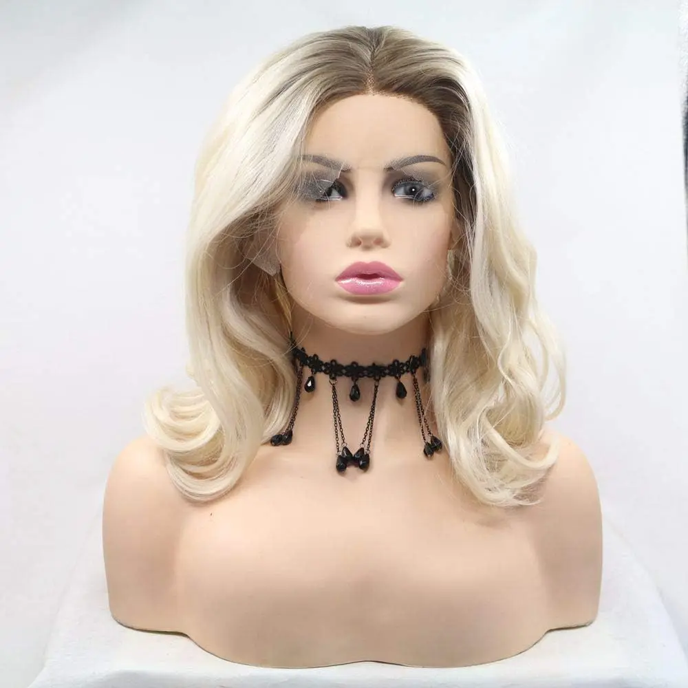 Sylvia Synthetic Blonde Lace Front Wigs With Brown Roots Ombre Lace Wavy Wigs Heat Resistant Fiber Short Bob Wigs