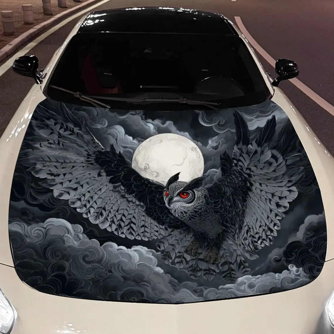 

Owl Flying Past Moon Car Vinyl Wrap, PVC Material Waterproof Car Hood Sticker, Self-Adhesive Scratch-Resistant Stickers for Engi