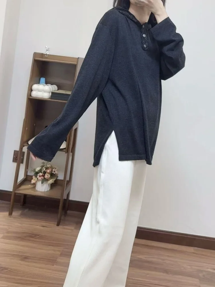 Sudadera con Capucha de Lana Tejida con Encaje para Mujer IRMA, Manga Larga, Corte Holgado, Color Puro, Diseño Simple, Estilo...