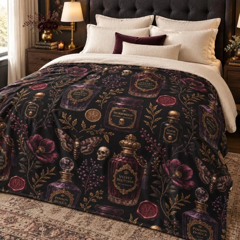 Gothic Apothecary Blanket, Double Sided Velveteen Microfiber Throw, Dark Academia Decor