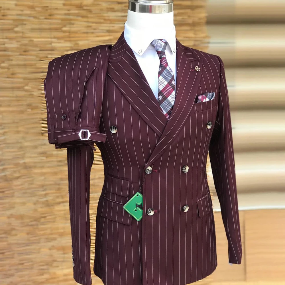 Burgundy Pinstripe Men's Suits Fashion Double Breasted Peak Lapel Slim Fit 2 Piece Jacket Pants Full Sets Smart Casual Outfits