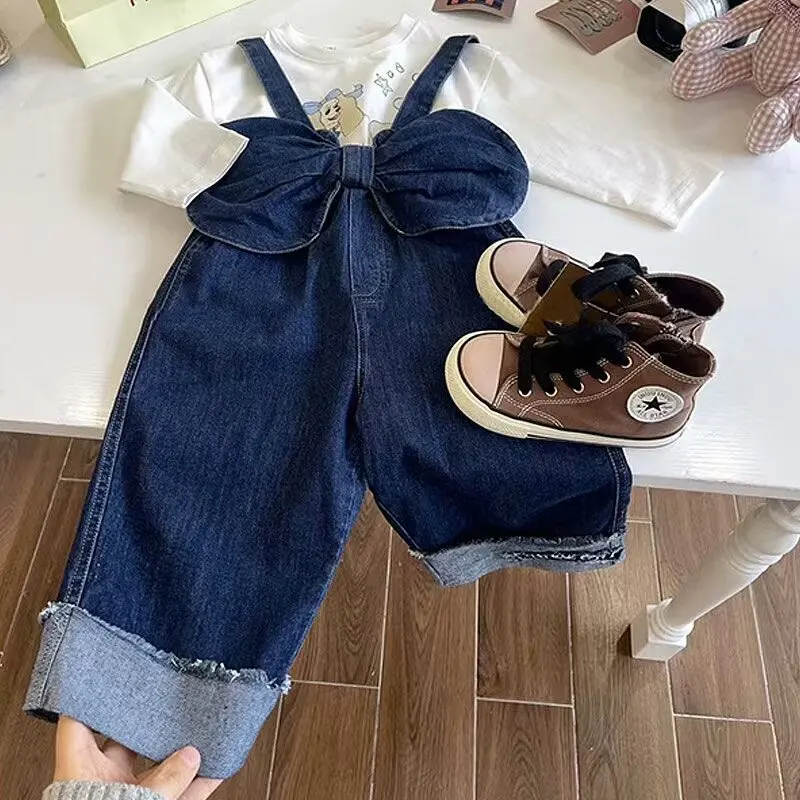 

2Pcs Korean style Spring Fall Kids Children Oversized Wide Leg Denim Overalls Set Baby Clothes Set Girls Loose Casual Pants