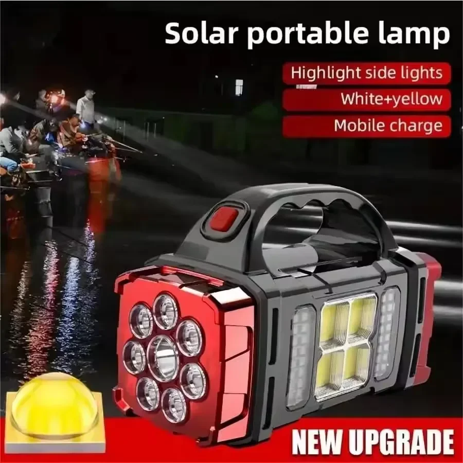 مصباح يدوي محمول قوي USB قابل لإعادة الشحن يعمل بالطاقة الشمسية مع مصباح تخييم للهاتف المحمول بشحن خفيف