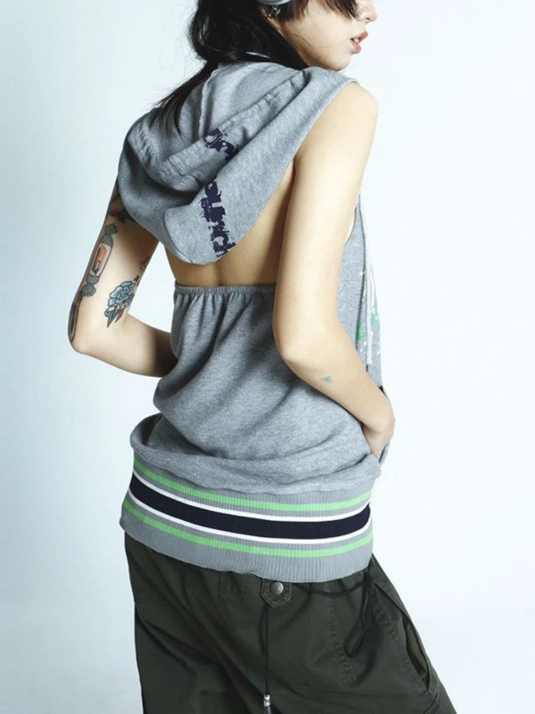 الألفية التوابل فتاة الشرير طباعة سترة جديد الصيف الرجعية الرياضة التباين مقنعين سترة Halterneck سترة بلوزات بلا اكمام 2000s