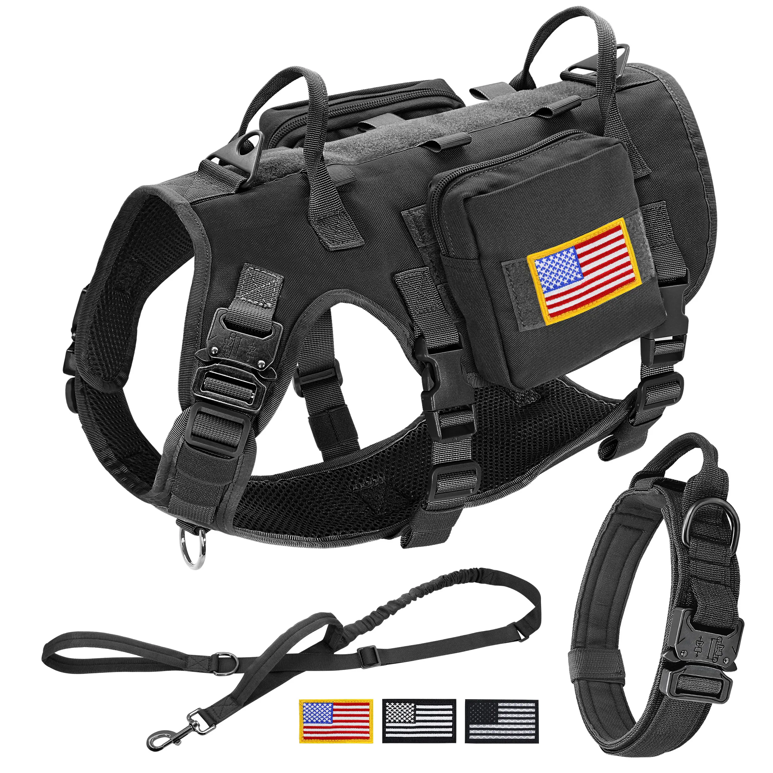 Arnés táctico militar para perro, conjunto de Collar y Correa, chaleco de entrenamiento para perros grandes y duraderos, MOLLE con bandera de bolsas