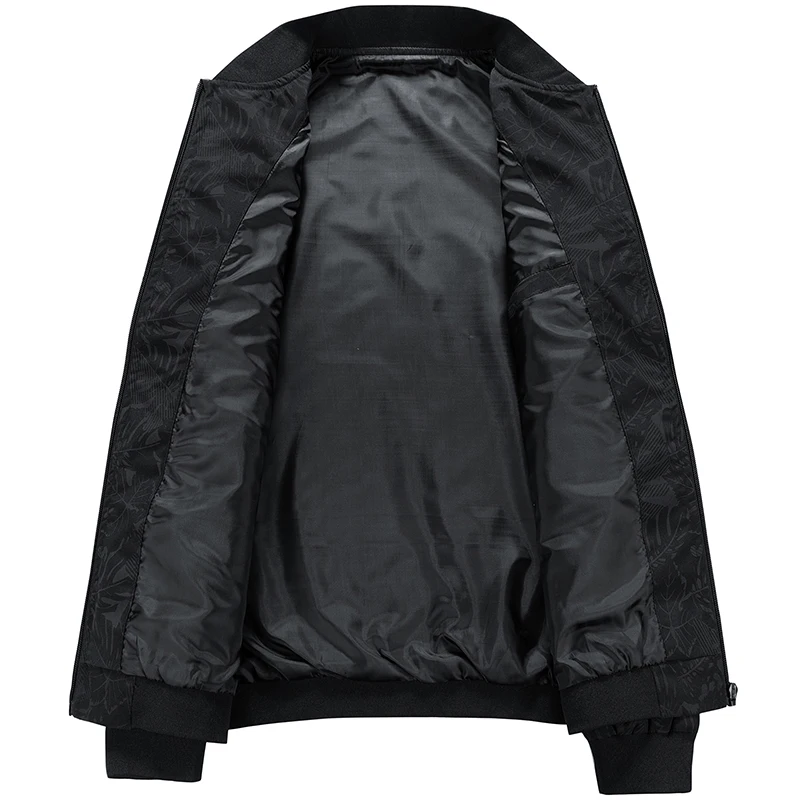 2026 New Men Leaf Pattern Bomber Jacket Stand Collar Zip Up Lightweight Casual Baseball Coat