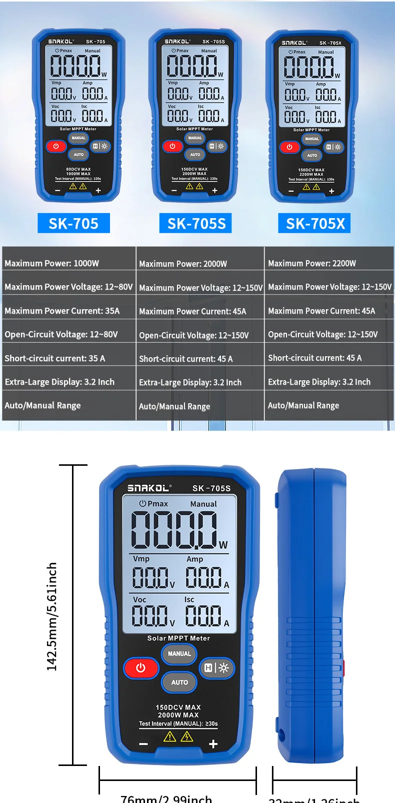 SNAKOL SK-705 Solarmodul-Tester MPPT-Tester 1000W PV-Modul MAX Leistungsmesser, Leerlaufspannung Kurzschlussstrom-Test – Detail 4