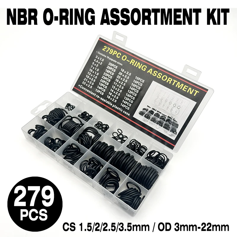 

279Pcs O Ring NBR CS 1.5/2/2.5/3.5mm OD 3mm-22mm Rubber Set High Temperature Resistant Rubber Ring o ring Seal Ring Round seal