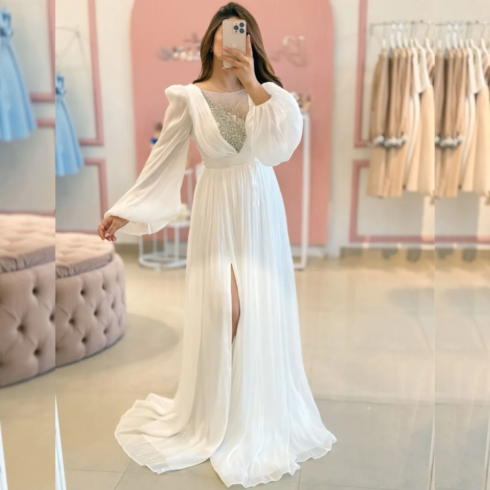 Customized High Quality Chiffon Sequined Pleat A-line Scoop Neck Long Dresses Bespoke Occasion Matching