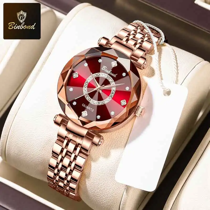 BINBOND 1 Stück Elegante Damenuhren, modische Quarzuhr im Design „Heart of the Ocean“, wasserdicht, leuchtend, mit Diamanten, Damenuhr