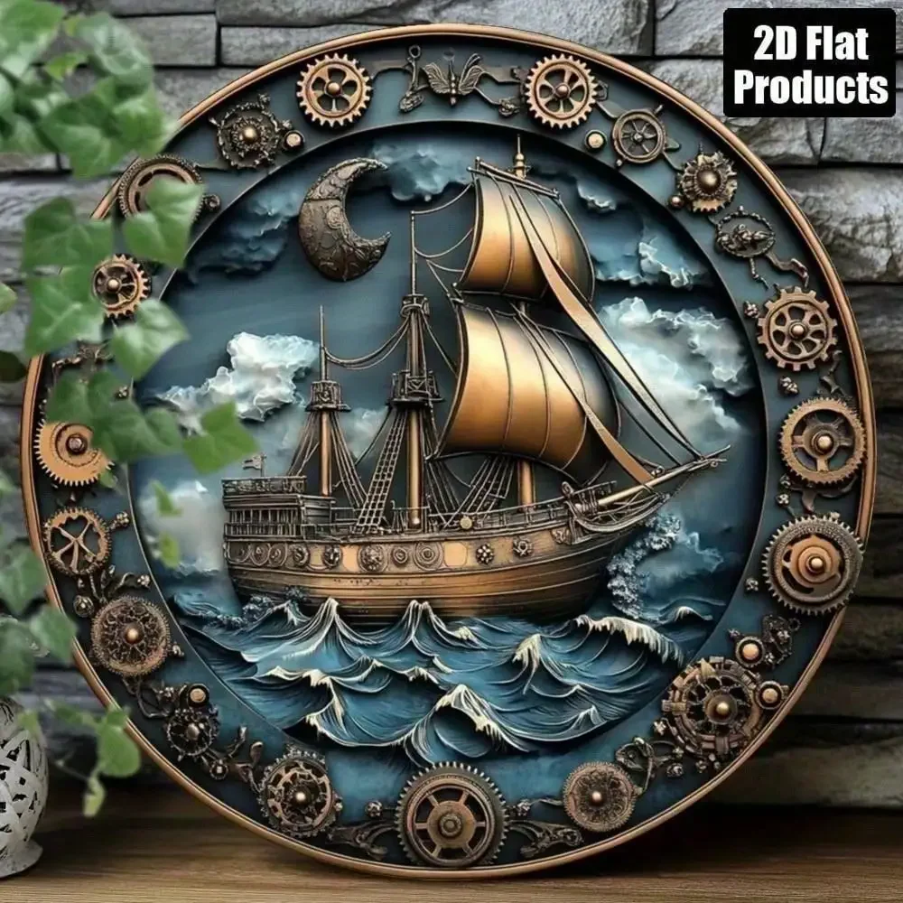 CIFbuy Steampunk Nautical Ship Metal Sign Retro Circular Gear Pattern Decor for Home Living Room Porch