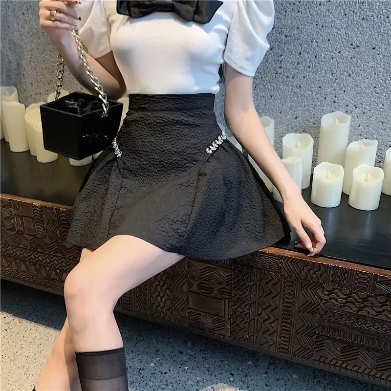 Summer Women's Clothing Solid Color Elastic High Waist Tie Flowers Sequined Metallic A-Line Korean Fashion Commute Mini Skirts