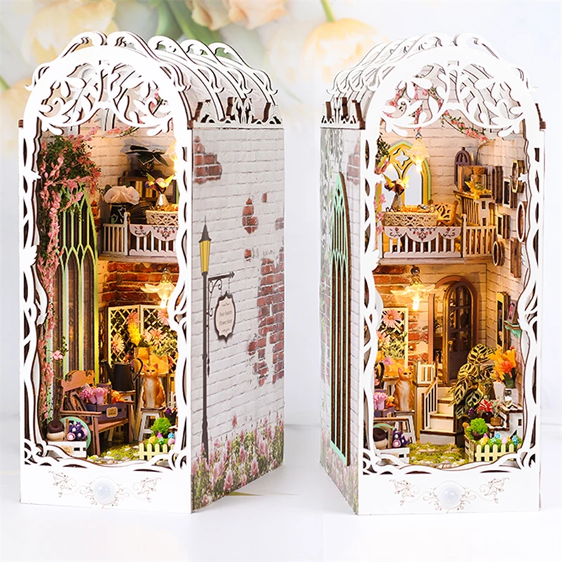 DIY Holz Blumen haus Buch Ecke Regal Einsatz Kits Miniatur Baukasten Bücherregal montiert Buchs tützen Freunde Geburtstags geschenke