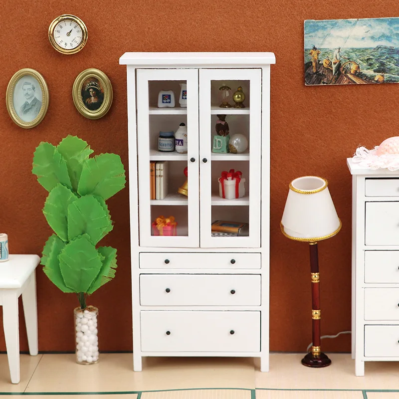 1:12 cena em miniatura branco estante armário de vidro cômoda ob11 bjd casa de boneca acessórios criativos brinquedos requintados